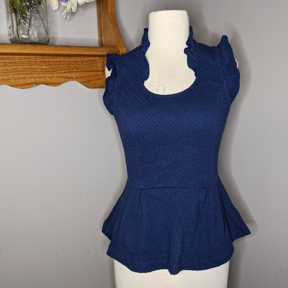 Anthropologie Navy Textured Peplum Ruffle Sleeve Top